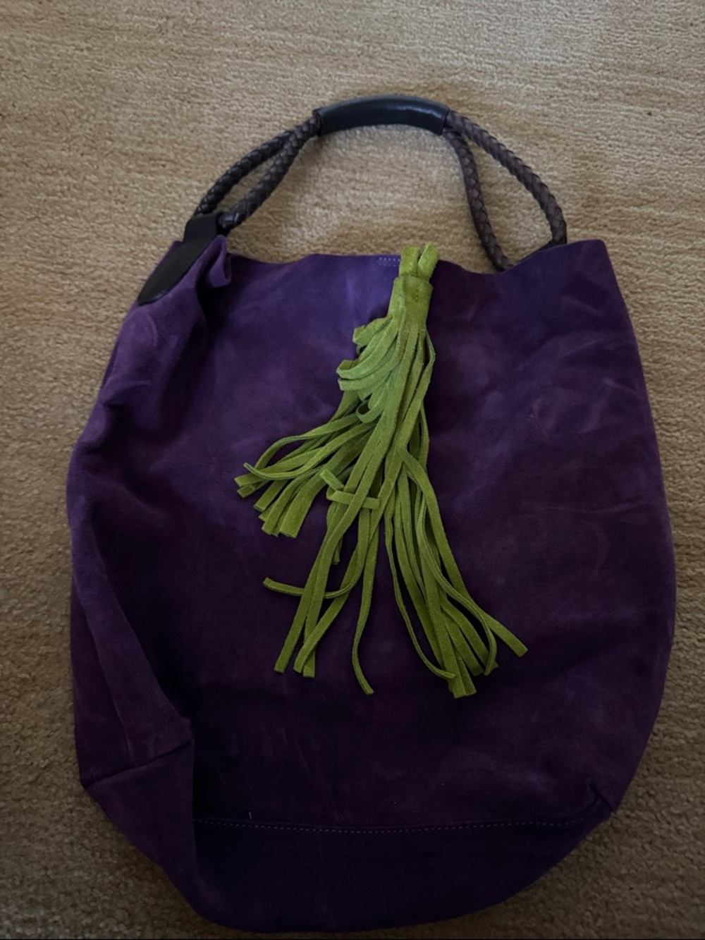 Purple Suede Hobo Bag with Green Tassel Accent